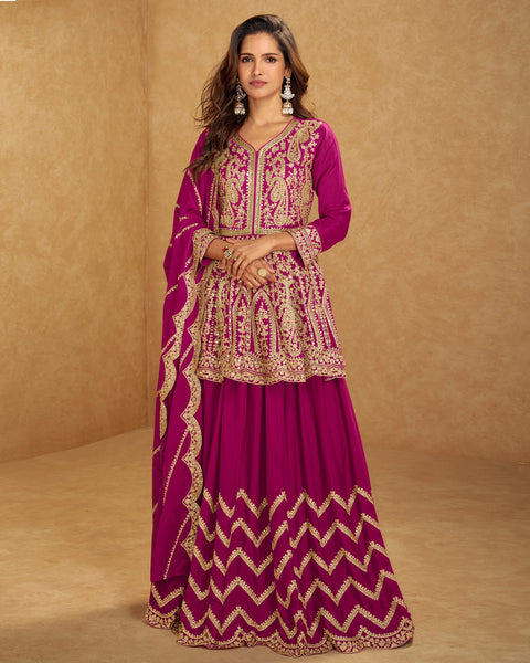 Magenta Pure Chinnon Silk Zari Mirror Work Women Readymade Lehenga Suit