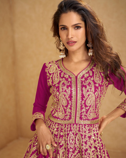 Magenta Pure Chinnon Silk Zari Mirror Work Women Readymade Lehenga Suit