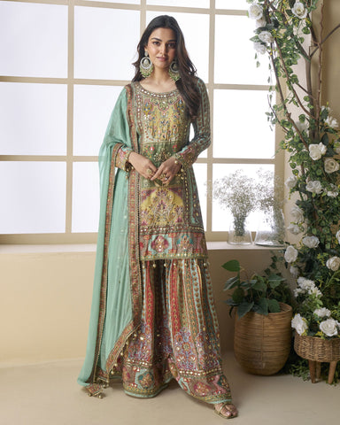 Green Blue Pure Viscose Crepe Silk Readymade Woman Palazzo Suit With Hand Work
