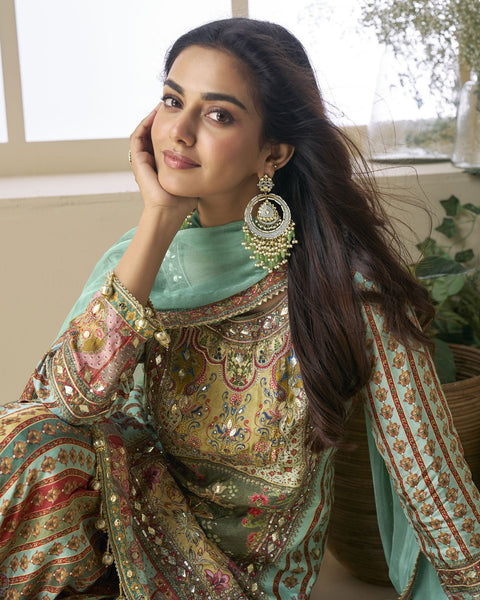 Green Blue Pure Viscose Crepe Silk Readymade Woman Palazzo Suit With Hand Work