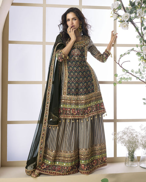 Black Off White Pure Viscose Crepe Silk Readymade Woman Palazzo Suit With Hand Work