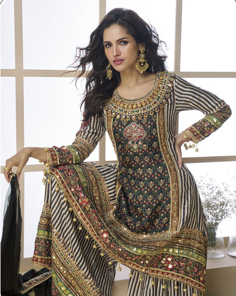 Black Off White Pure Viscose Crepe Silk Readymade Woman Palazzo Suit With Hand Work