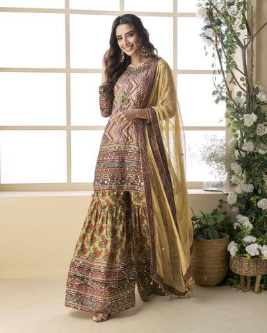 Beige Pure Viscose Crepe Silk Readymade Woman Sharara Suit With Hand Work