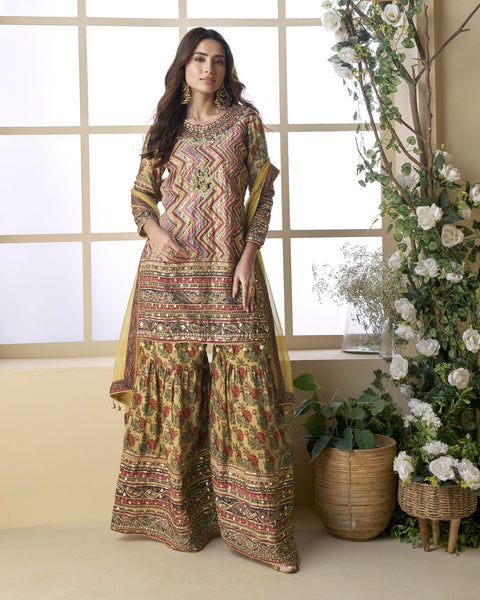 Beige Pure Viscose Crepe Silk Readymade Woman Sharara Suit With Hand Work