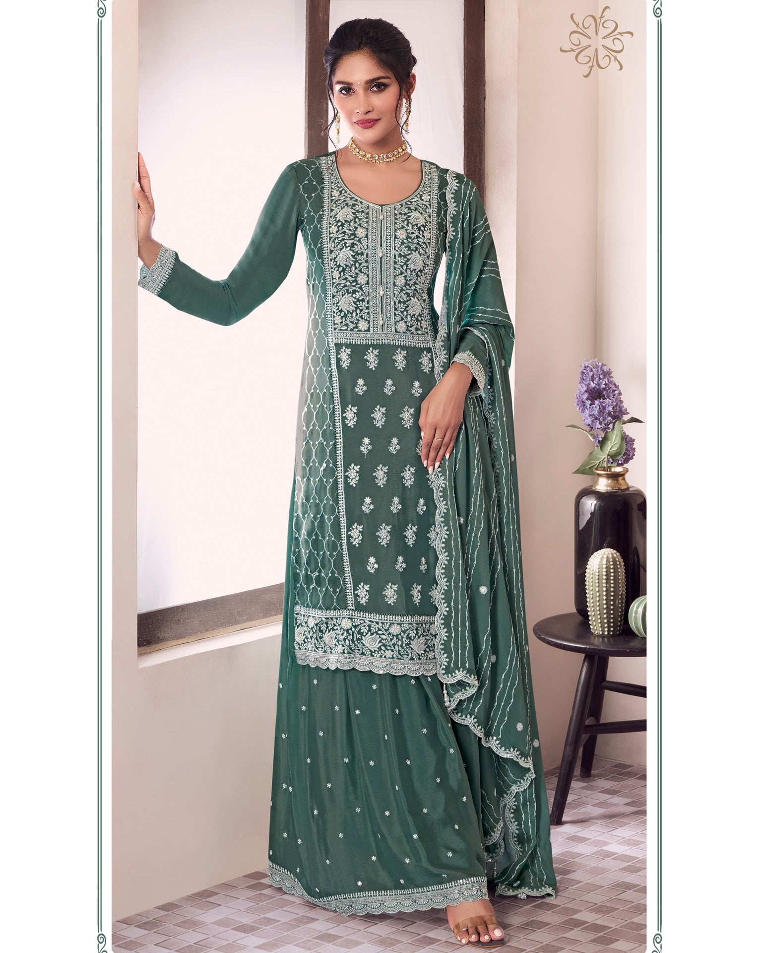 Green Chinnon Silk Women Unstitched Sharara Suit With Embroidered Dupatta