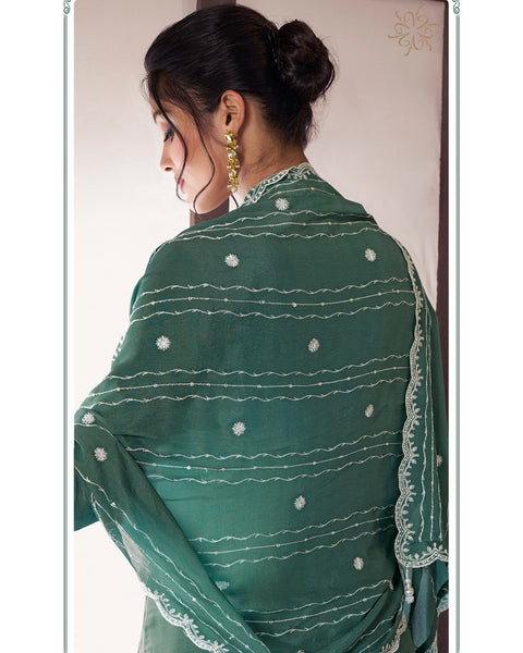 Green Chinnon Silk Women Unstitched Sharara Suit With Embroidered Dupatta