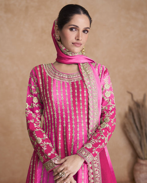 Shaded Pink Chinnon Silk Readymade Woman Palazzo Suit With Dupatta