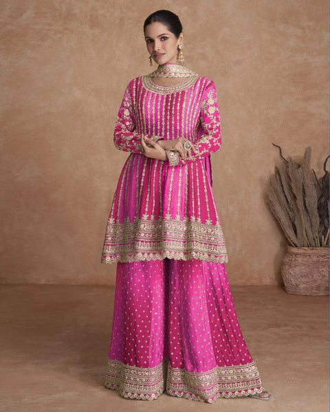 Shaded Pink Chinnon Silk Readymade Woman Palazzo Suit With Dupatta