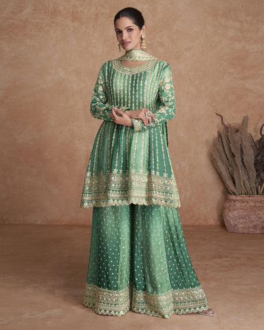 Shaded Green Chinnon Silk Readymade Woman Palazzo Suit With Dupatta
