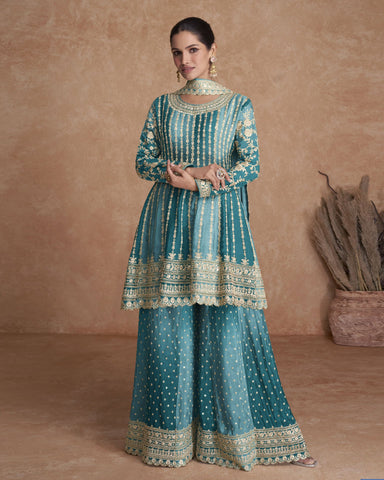 Shaded Blue Chinnon Silk Readymade Woman Palazzo Suit With Dupatta