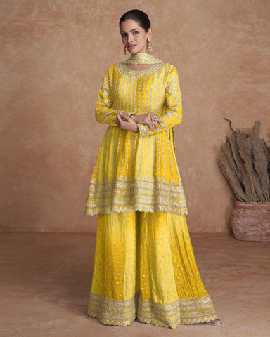 Shaded Yellow Chinnon Silk Readymade Woman Palazzo Suit With Dupatta
