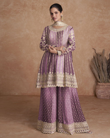 Lavender & Wine Chinnon Silk Readymade Woman Palazzo Suit With Dupatta