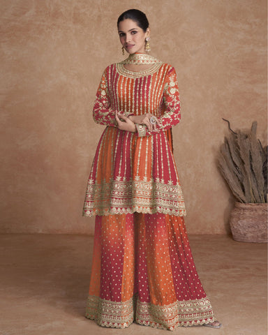 Red Orange Chinnon Silk Readymade Woman Palazzo Suit With Dupatta