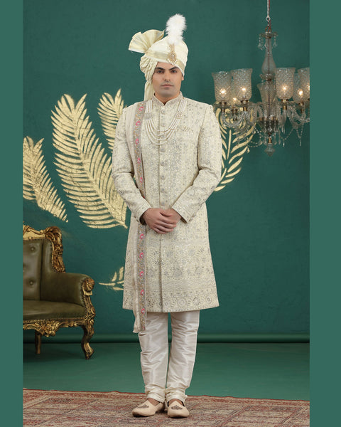 Lemon & Cream Art Silk Man Wedding Sherwani With Dupatta