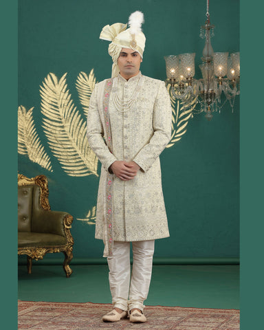 Lemon & Cream Art Silk Man Wedding Sherwani With Dupatta