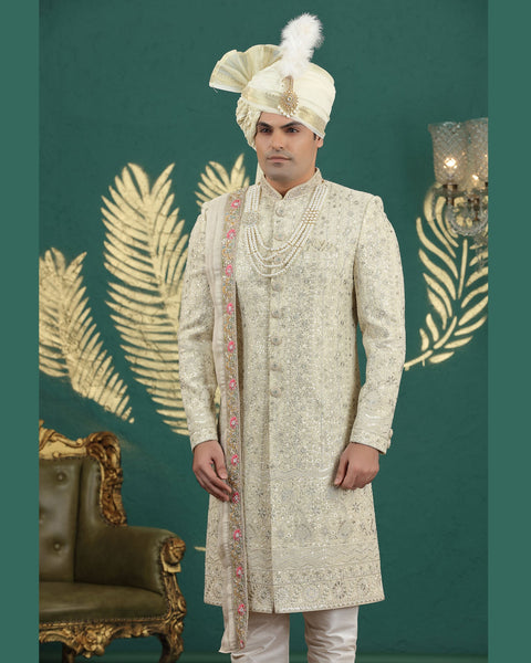Lemon & Cream Art Silk Man Wedding Sherwani With Dupatta