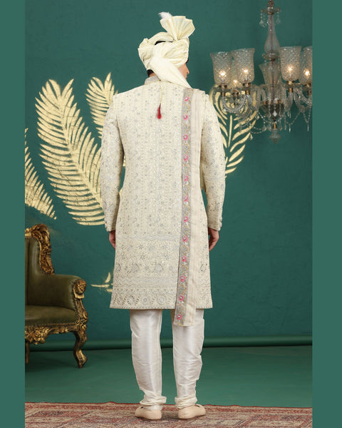 Lemon & Cream Art Silk Man Wedding Sherwani With Dupatta