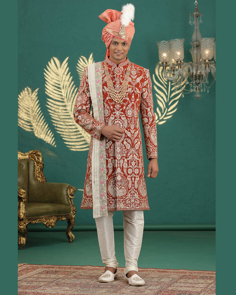 Orange & Cream Art Silk Man Wedding Sherwani With Dupatta