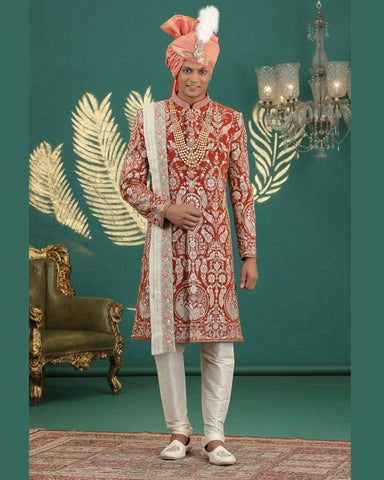 Orange & Cream Art Silk Man Wedding Sherwani With Dupatta