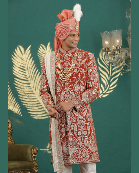 Orange & Cream Art Silk Man Wedding Sherwani With Dupatta