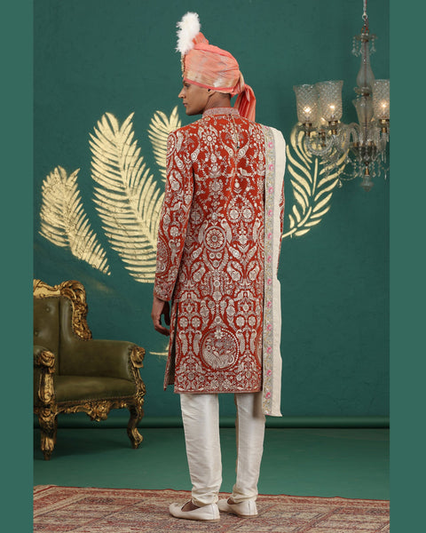 Orange & Cream Art Silk Man Wedding Sherwani With Dupatta