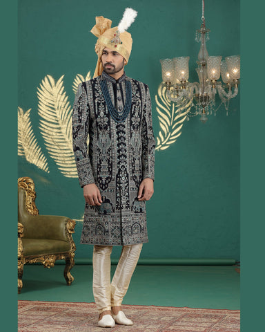 Navy Blue & Gold Art Silk Man Wedding Sherwani Set