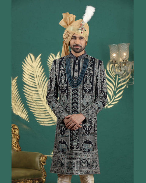 Navy Blue & Gold Art Silk Man Wedding Sherwani Set