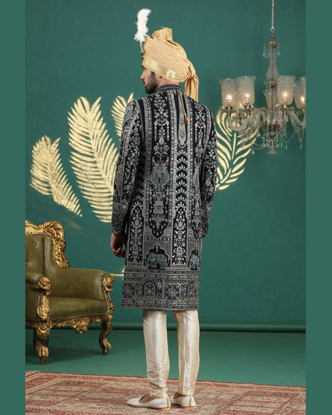 Navy Blue & Gold Art Silk Man Wedding Sherwani Set