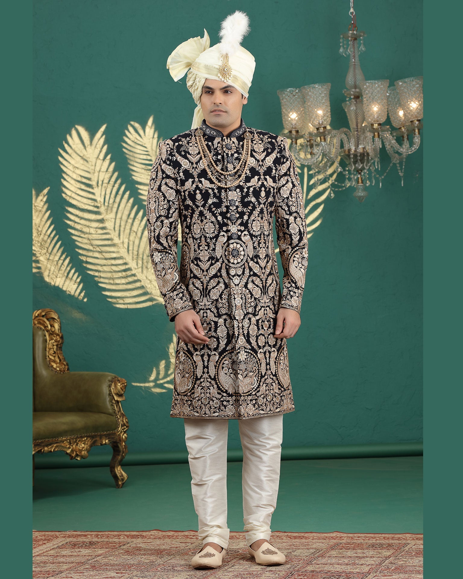 Black & Gold Art Silk Man Wedding Sherwani Set