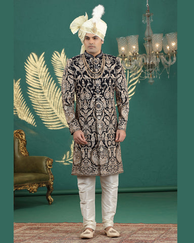 Black & Gold Art Silk Man Wedding Sherwani Set