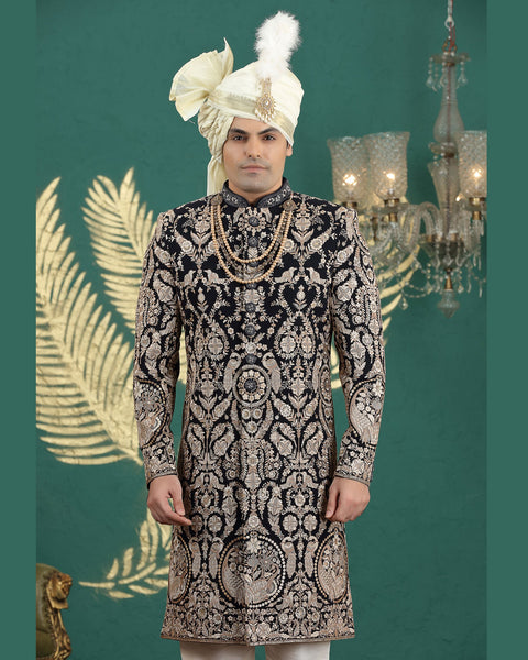 Black & Gold Art Silk Man Wedding Sherwani Set