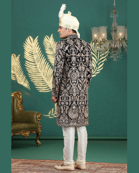 Black & Gold Art Silk Man Wedding Sherwani Set