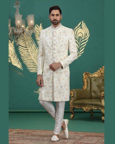 Cream & Off White Art Silk Man Wedding Sherwani Set