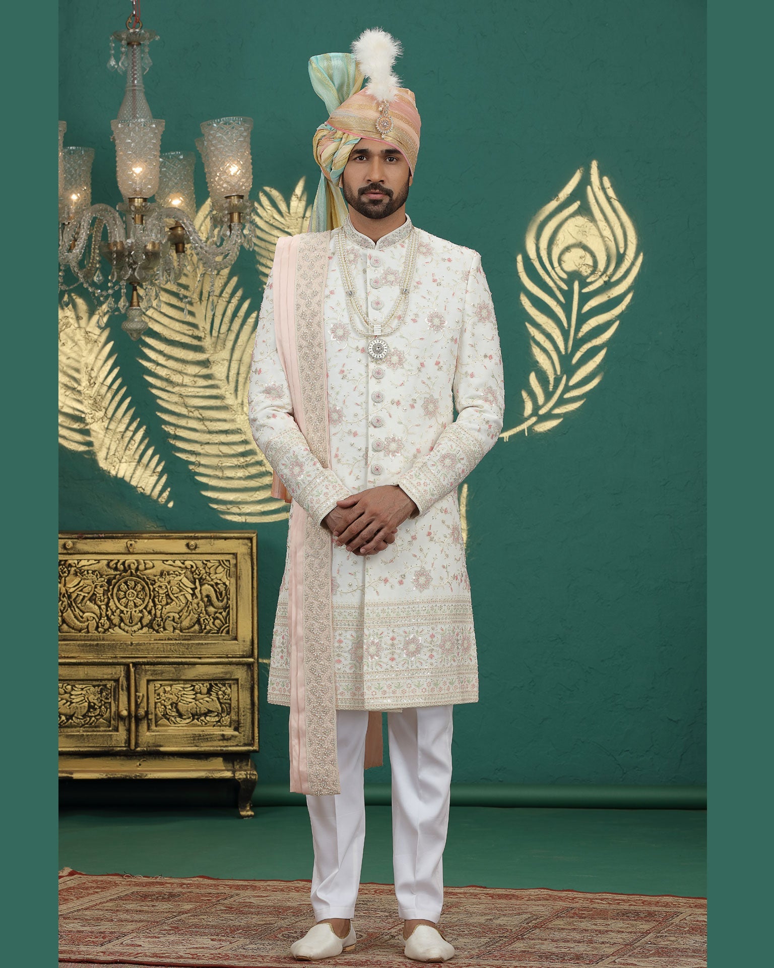 Cream & Off White Art Silk Man Wedding Sherwani With Dupatta