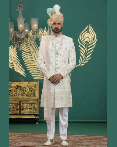 Cream & Off White Art Silk Man Wedding Sherwani With Dupatta