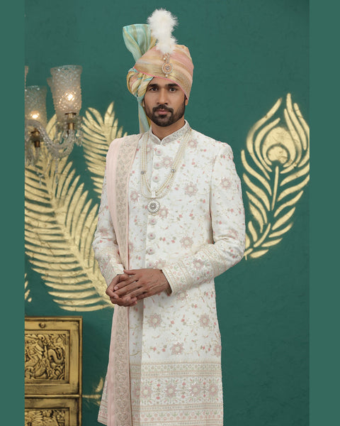 Cream & Off White Art Silk Man Wedding Sherwani With Dupatta