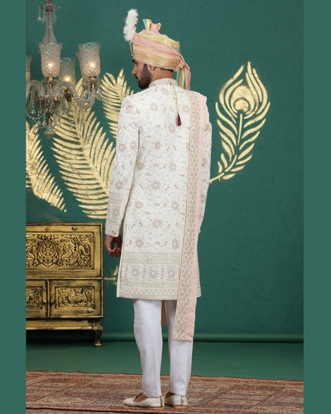 Cream & Off White Art Silk Man Wedding Sherwani With Dupatta