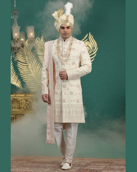 Gold & Cream Art Silk Man Wedding Sherwani With Dupatta
