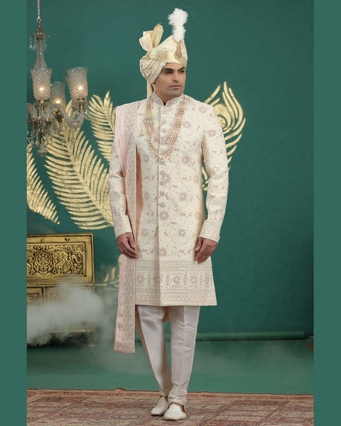 Gold & Cream Art Silk Man Wedding Sherwani With Dupatta