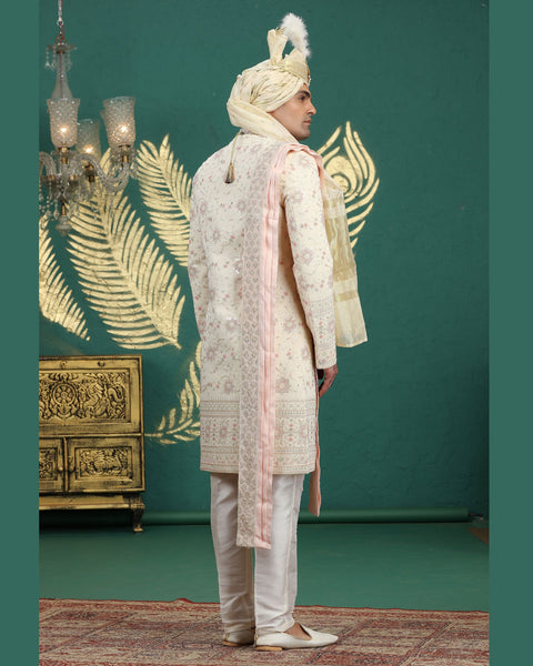 Gold & Cream Art Silk Man Wedding Sherwani With Dupatta