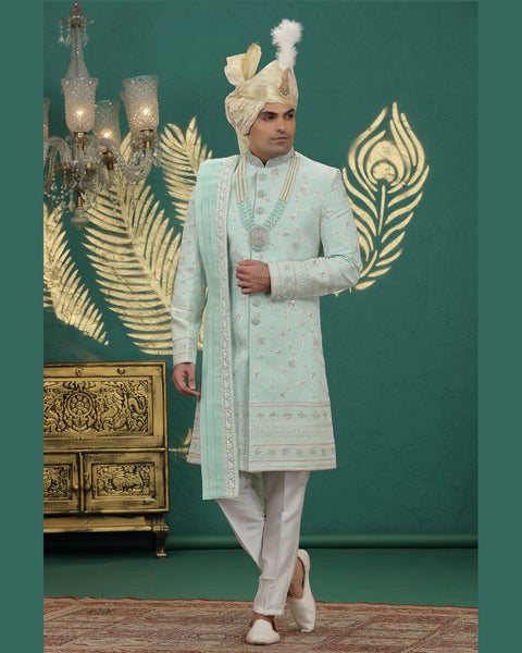 Pista Green & Off White Art Silk Man Wedding Sherwani With Dupatta
