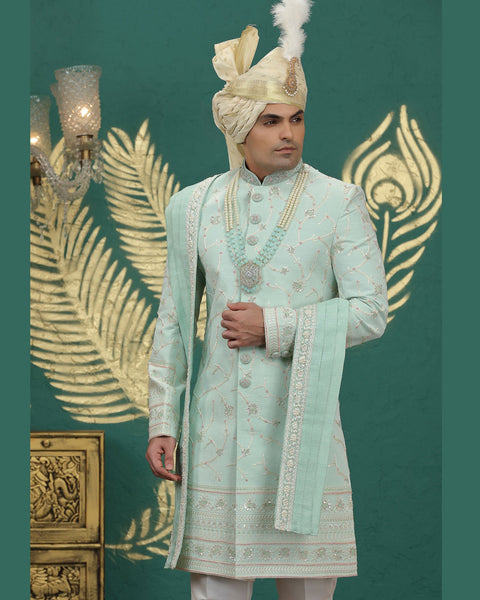 Pista Green & Off White Art Silk Man Wedding Sherwani With Dupatta