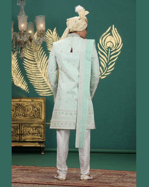 Pista Green & Off White Art Silk Man Wedding Sherwani With Dupatta