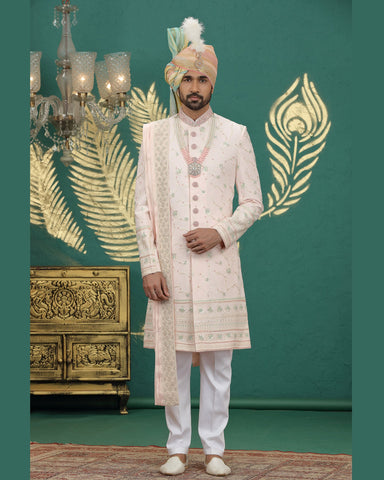 Light Pink & Off White Art Silk Man Wedding Sherwani With Dupatta