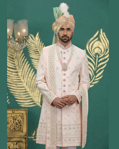 Light Pink & Off White Art Silk Man Wedding Sherwani With Dupatta