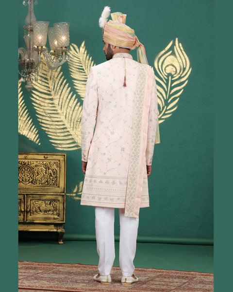 Light Pink & Off White Art Silk Man Wedding Sherwani With Dupatta