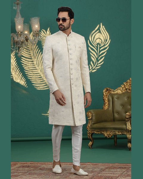 Cream Art Silk Man Wedding Sherwani With Aligadhi Pant