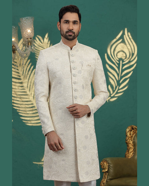 Cream Art Silk Man Wedding Sherwani With Aligadhi Pant