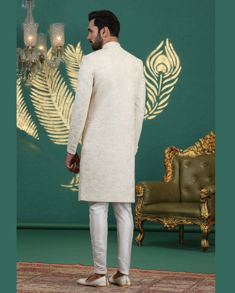 Cream Art Silk Man Wedding Sherwani With Aligadhi Pant