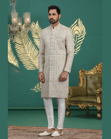 Cream & Off White Art Silk Man Wedding Sherwani With Aligadhi Pant